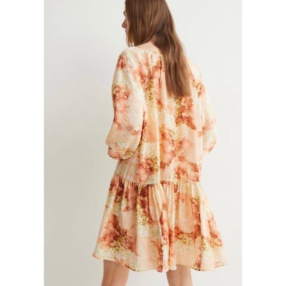 H&M Women peach Green Hydrangea Print Floral Ballon Sleeve Dress Size M - Picture 2 of 14